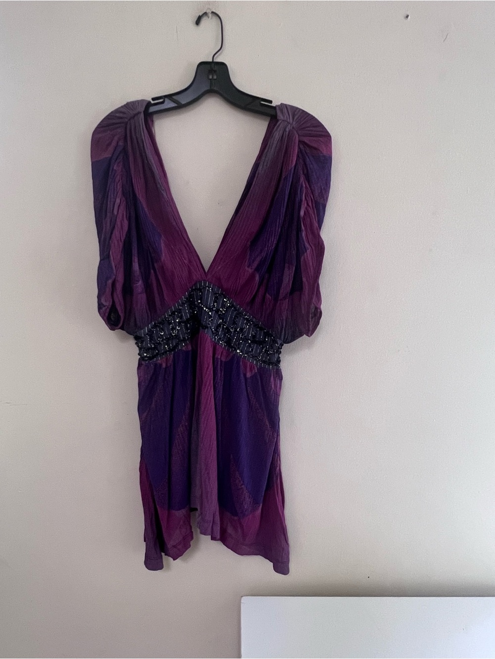 Free People Purple Plunge V-Neck Beaded Waist long top